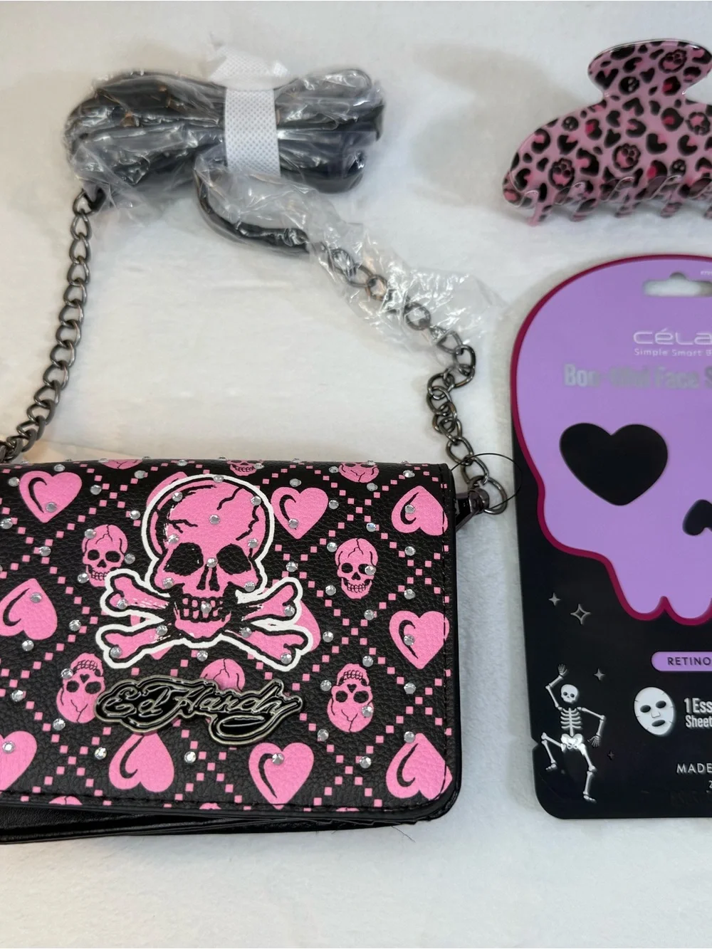 Ed Hardy Black & Pink Skull Crossbones Chain Wallet Shoulder Bag